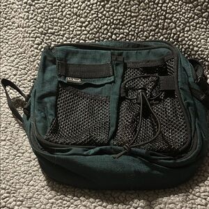 VINTAGE LL BEAN Shoulder bag. Dark green nylon/black trim & mesh. Made in USA.